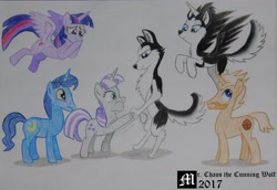 Size: 4025x2769 | Tagged: safe, artist:mrchaosthecunningwlf, artist:ponyvillechaos577, character:night light, character:twilight sparkle, character:twilight sparkle (alicorn), character:twilight velvet, oc, oc:frost cloud, oc:memphis frost, oc:sheila cloud, parents:canon x oc, species:alicorn, species:pony, family, handshake, husky, meeting, strong, traditional art, twifrost