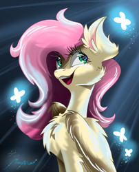 Size: 1536x1900 | Tagged: safe, artist:alexbluebird, character:fluttershy, species:pegasus, species:pony, bust, butterfly, cheek fluff, chest fluff, ear fluff, eyelashes, female, looking away, open mouth, portrait, smiling, solo, speedpaint, wingding eyes, wings
