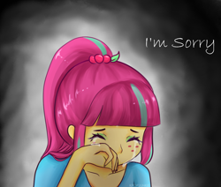 Size: 1000x849 | Tagged: safe, artist:electricshine, character:sour sweet, my little pony:equestria girls, bust, clothing, crying, dialogue, eyes closed, eyeshadow, female, freckles, makeup, sad, solo