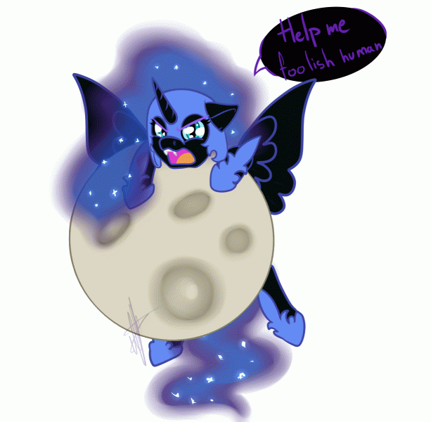 Size: 613x600 | Tagged: safe, artist:rimmi1357, character:nightmare moon, character:princess luna, species:alicorn, species:human, species:pony, adorable distress, animated, chibi, cute, dialogue, female, gif, hoofy-kicks, moon, moonabetes, open mouth, simple background, speech bubble, tangible heavenly object, white background
