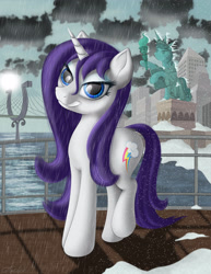 Size: 2400x3111 | Tagged: safe, artist:awalex, character:rarity, episode:magical mystery cure, g4, my little pony: friendship is magic, female, high res, looking at you, manehattan, rain, smiling, snow, solo, statue of liberty, swapped cutie marks, wet, wet mane, wet mane rarity