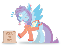 Size: 1000x707 | Tagged: safe, artist:jodi sli, oc, oc only, oc:glass rose, species:pegasus, species:pony, 2018 community collab, derpibooru community collaboration, box, candy, clothing, cutie mark, female, food, lineless, lollipop, one eye closed, outfit, simple background, smiling, solo, transparent background, wink