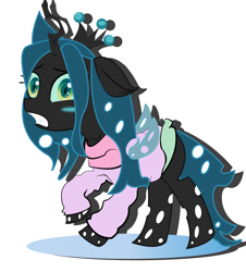 Size: 1100x1217 | Tagged: safe, artist:jodi sli, character:queen chrysalis, species:changeling, clothing, cute, cutealis, embarrassed, female, ice, looking at you, simple background, solo, younger