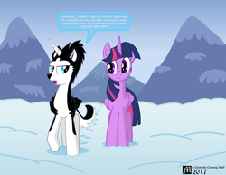 Size: 3300x2550 | Tagged: safe, artist:mrchaosthecunningwlf, artist:ponyvillechaos577, character:twilight sparkle, character:twilight sparkle (alicorn), oc, oc:frost cloud, species:alicorn, species:pony, dialogue, husky, mountain, snow, twifrost