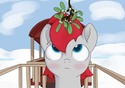 Size: 1537x1080 | Tagged: safe, artist:foal, character:train tracks, species:pony, blushing, christmas, colt, holiday, male, mistletoe, train