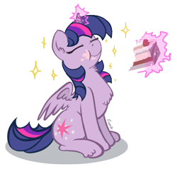 Size: 892x848 | Tagged: safe, artist:hilloty, character:twilight sparkle, character:twilight sparkle (alicorn), species:alicorn, species:pony, g4, cake, chest fluff, eating, female, food, glowing horn, horn, leg fluff, levitation, magic, magic aura, signature, simple background, solo, sparkles, telekinesis, white background, wings