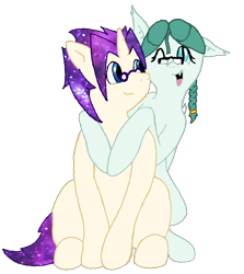 Size: 1550x1737 | Tagged: safe, artist:phonicb∞m, oc, oc only, oc:cosmic latte, oc:mercy leaf, species:bat pony, species:pony, species:unicorn, 2018 community collab, derpibooru community collaboration, braid, ethereal mane, galaxy mane, glasses, looking at you, one eye closed, simple background, smiling, transparent background, wink