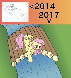 Size: 2592x2828 | Tagged: safe, artist:phonicb∞m, character:fluttershy, bridge, draw this again, grass, looking down, river, simple background, smiling
