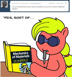 Size: 663x717 | Tagged: safe, artist:claireannecarr, species:earth pony, species:pony, ask, ask maplejack, book, cowboys and equestrians, female, for dummies, goggles, mad (tv series), mad magazine, maplejack, mare, mouth hold, simple background, solo, starcraft, tumblr, white background