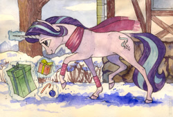 Size: 1024x694 | Tagged: safe, artist:skyaircobra, character:starlight glimmer, species:pony, species:unicorn, box, christmas, clothing, female, glowing horn, holiday, magic, mare, present, scarf, smiling, snow, solo, telekinesis, traditional art, watercolor painting