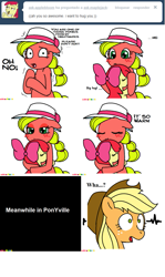Size: 501x841 | Tagged: safe, artist:claireannecarr, character:apple bloom, character:applejack, species:earth pony, species:pony, ask, ask maplejack, cowboys and equestrians, female, filly, hug, mad (tv series), mad magazine, maplejack, mare, tumblr