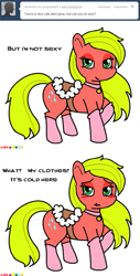 Size: 547x1080 | Tagged: safe, artist:claireannecarr, species:earth pony, species:pony, ask maplejack, blushing, clothing, cowboys and equestrians, female, mad (tv series), mad magazine, maplejack, mare, saddle, simple background, socks, solo, white background