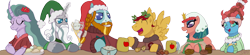 Size: 1800x398 | Tagged: safe, artist:swasfews, character:flash magnus, character:meadowbrook, character:mistmane, character:rockhoof, character:somnambula, character:star swirl the bearded, g4, clothing, pillars of equestria, sweater