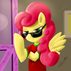 Size: 1250x1250 | Tagged: safe, artist:asajiopie01, character:strawberry sunrise, species:pegasus, species:pony, clothing, deal with it, female, lidded eyes, looking at you, mare, shirt, smiling, smirk, smug, solo, spread wings, sunglasses, wings