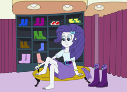 Size: 2337x1700 | Tagged: safe, artist:equestriaguy637, character:rarity, my little pony:equestria girls, barefoot, bench, boots, bracelet, carousel boutique, clothing, curtains, feet, female, high heel boots, jewelry, nail polish, nails, pedicure, shoes, skirt, socks, solo, toenails