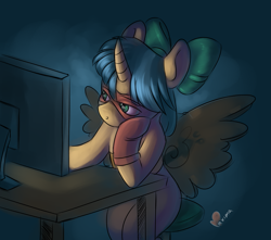 Size: 2725x2410 | Tagged: safe, artist:maxiima, oc, oc only, oc:ducky ink, species:pony, species:unicorn, bow, clothing, computer screen, costume, fake wings, hoof gloves, leaning, mask, stool, wings