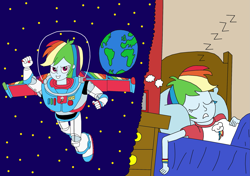 Size: 2337x1649 | Tagged: safe, artist:equestriaguy637, character:rainbow dash, my little pony:equestria girls, astronaut, bed, bedroom, buzz lightyear, clothing, cosplay, costume, crossover, cutie mark, cutie mark on clothes, dream, earth, pajamas, photo frame, pillow, sleeping, space, space suit, stars, toy story, wristband, zzz