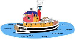 Size: 3111x1661 | Tagged: safe, artist:equestriaguy637, character:big mcintosh, big mac (tugs), big stack, boat, boatpony, crossover, male, salty's lighthouse, simple background, solo, steam, transparent background, tugboat, tugs, wat, water, what has science done