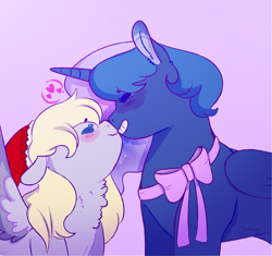 Size: 1146x1077 | Tagged: safe, artist:mantislady, artist:soft-arthropod, character:derpy hooves, character:princess luna, species:alicorn, species:pegasus, species:pony, ship:lunaderp, christmas, clothing, eyes closed, female, hat, heart, holiday, lesbian, mare, santa hat, shipping, smiling