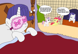 Size: 2337x1640 | Tagged: safe, artist:equestriaguy637, character:apple bloom, character:rarity, character:sweetie belle, bed, bedroom, bow, brick wall, crossover, dialogue, dream, female, grumpy, parody, pillow, scene parody, sleep mask, sleeping, thomas the tank engine, tunnel