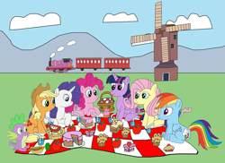 Size: 2337x1700 | Tagged: safe, artist:equestriaguy637, character:applejack, character:fluttershy, character:pinkie pie, character:rainbow dash, character:rarity, character:spike, character:twilight sparkle, character:twilight sparkle (alicorn), species:alicorn, species:dragon, species:earth pony, species:pegasus, species:pony, species:unicorn, apple, apple pie, basket, blanket, cake, carriage (railway), carrot, carrot dog, cloud, cupcake, currant bun, cutie mark, daffodil and daisy sandwich, drink, female, food, glass of water, male, mane six, muffin, picnic, picnic basket, picnic blanket, pie, sandwich, straw, train, water, windmill