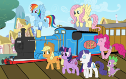 Size: 8192x5120 | Tagged: safe, artist:equestriaguy637, artist:lightf4lls, character:applejack, character:fluttershy, character:pinkie pie, character:rainbow dash, character:rarity, character:spike, character:twilight sparkle, character:twilight sparkle (alicorn), species:alicorn, species:dragon, species:earth pony, species:pegasus, species:pony, species:unicorn, absurd resolution, bouncing, carriage (railway), female, flying, hopping, male, mane six, platform, ponyville, station, train, train station, walking
