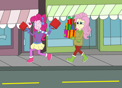 Size: 2337x1700 | Tagged: safe, artist:equestriaguy637, character:fluttershy, character:pinkie pie, my little pony:equestria girls, bag, boots, building, canterlot city, carrying, christmas, christmas shopping, clothing, earmuffs, eyes closed, eyes screwed straight, female, gift wrapped, gloves, grin, hearth's warming, holiday, hopping, pantyhose, pavement, present, road, scarf, shoes, shopping, skipping, skirt, smiling, street, walking, winter, winter outfit, yellow lines
