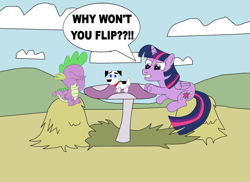 Size: 2337x1700 | Tagged: safe, artist:equestriaguy637, character:spike, character:twilight sparkle, character:twilight sparkle (alicorn), species:alicorn, species:dragon, species:pony, angry, cloud, crossover, dialogue, facepalm, female, flipsie, folded wings, hay, male, mare, mushroom table, silly, silly pony, sitting, speech bubble, table, the fairly oddparents, toy, voice actor joke