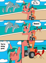 Size: 1700x2337 | Tagged: dead source, safe, artist:equestriaguy637, oc, oc only, oc:ripple effect, species:crab, species:pony, species:unicorn, comic:a magic lesson gone wrong, beach, cloud, comic, cutie mark, dialogue, dolphin, dolphin's tail, sand, shorriaia, solo, speech bubble, talking, water, wheelchair