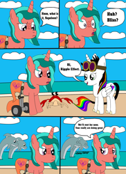Size: 1700x2337 | Tagged: dead source, safe, artist:equestriaguy637, oc, oc only, oc:lightning bliss, oc:ripple effect, species:alicorn, species:crab, species:pony, species:unicorn, comic:a magic lesson gone wrong, alicorn oc, analysis bronies, beach, cloud, comic, cutie mark, dialogue, dolphin, goggles, sand, shorriaia, speech bubble, talking, water, wheelchair