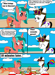 Size: 1700x2337 | Tagged: dead source, safe, artist:equestriaguy637, oc, oc only, oc:lightning bliss, oc:ripple effect, species:alicorn, species:crab, species:pony, species:unicorn, comic:a magic lesson gone wrong, alicorn oc, analysis bronies, apple, basket, beach, blushing, cake, carrot, carrot dog, cloud, comic, cutie mark, dialogue, dolphin, drink, food, glass of water, goggles, lying down, muffin, picnic, picnic basket, picnic blanket, sand, sandwich, shorriaia, sitting, sleeping, speech bubble, straw, talking, water, wheelchair, zzz