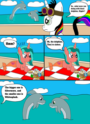 Size: 1700x2337 | Tagged: dead source, safe, artist:equestriaguy637, oc, oc only, oc:lightning bliss, oc:ripple effect, species:alicorn, species:pony, species:unicorn, comic:a magic lesson gone wrong, alicorn oc, analysis bronies, beach, cake, carrot, carrot dog, cloud, comic, cutie mark, dialogue, dolphin, drink, food, glass of water, goggles, lying down, muffin, picnic, picnic blanket, sand, sandwich, shorriaia, speech bubble, straw, talking, water