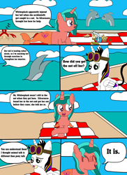 Size: 1700x2337 | Tagged: dead source, safe, artist:equestriaguy637, oc, oc only, oc:lightning bliss, oc:ripple effect, species:alicorn, species:crab, species:pony, species:unicorn, comic:a magic lesson gone wrong, alicorn oc, analysis bronies, apple, beach, cake, cloud, comic, cutie mark, dialogue, dolphin, drink, food, glass of water, goggles, lying down, muffin, picnic, picnic blanket, sand, shorriaia, sitting, sleeping, speech bubble, straw, talking, water, zzz