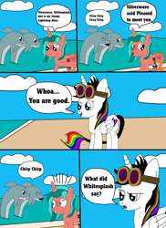 Size: 1700x2337 | Tagged: dead source, safe, artist:equestriaguy637, oc, oc only, oc:lightning bliss, oc:ripple effect, species:alicorn, species:pony, species:unicorn, comic:a magic lesson gone wrong, alicorn oc, analysis bronies, beach, cloud, comic, cutie mark, dialogue, dolphin, goggles, sand, shorriaia, speech bubble, talking, water, wheelchair