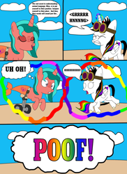 Size: 1700x2337 | Tagged: dead source, safe, artist:equestriaguy637, oc, oc only, oc:lightning bliss, oc:ripple effect, species:alicorn, species:pony, species:unicorn, comic:a magic lesson gone wrong, alicorn oc, analysis bronies, beach, cloud, comic, cutie mark, dialogue, goggles, levitation, magic, poof, sand, screaming, self-levitation, shorriaia, speech bubble, talking, telekinesis, thought bubble, wheelchair