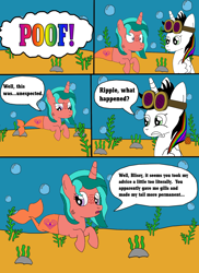 Size: 1700x2337 | Tagged: dead source, safe, artist:equestriaguy637, oc, oc only, oc:lightning bliss, oc:ripple effect, species:alicorn, species:pony, species:sea pony, species:unicorn, comic:a magic lesson gone wrong, alicorn oc, analysis bronies, bubble, comic, cutie mark, dialogue, food, gills, goggles, merpony, pineapple, poof, rock, seaponified, seaweed, species swap, speech bubble, spongebob reference, talking, underwater