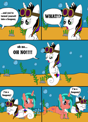 Size: 1700x2337 | Tagged: dead source, safe, artist:equestriaguy637, oc, oc only, oc:lightning bliss, oc:ripple effect, species:alicorn, species:pony, species:sea pony, species:unicorn, comic:a magic lesson gone wrong, alicorn oc, analysis bronies, bubble, comic, cutie mark, dialogue, gills, goggles, merpony, rock, screaming, seaponified, seaweed, species swap, speech bubble, swimming, talking, underwater