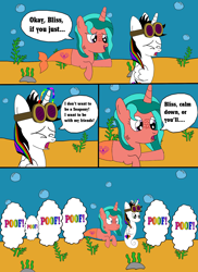 Size: 1700x2337 | Tagged: dead source, safe, artist:equestriaguy637, oc, oc only, oc:lightning bliss, oc:ripple effect, species:alicorn, species:pony, species:sea pony, species:unicorn, comic:a magic lesson gone wrong, alicorn oc, analysis bronies, bubble, comic, cutie mark, dialogue, gills, goggles, magic, merpony, poof, rock, seaponified, seaweed, species swap, speech bubble, talking, telekinesis, underwater