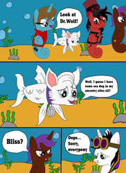 Size: 1700x2337 | Tagged: dead source, safe, artist:equestriaguy637, oc, oc only, oc:dr. wolf, oc:eliyora, oc:lightning bliss, oc:thespio, oc:toonkriticy2k, species:alicorn, species:pegasus, species:pony, species:sea pony, species:unicorn, comic:a magic lesson gone wrong, alicorn oc, analysis bronies, bubble, clothing, collar, comic, cutie mark, dialogue, goggles, hat, jacket, red and black oc, rock, sea wolf, seaponified, seaweed, species swap, speech bubble, talking, top hat, underwater