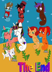 Size: 1700x2337 | Tagged: dead source, safe, artist:equestriaguy637, oc, oc only, oc:dr. wolf, oc:eliyora, oc:goldenfox, oc:keyframe, oc:lightning bliss, oc:ripple effect, oc:thespio, oc:toonkriticy2k, species:alicorn, species:pegasus, species:pony, species:sea pony, species:unicorn, comic:a magic lesson gone wrong, alicorn oc, analysis bronies, bubble, clothing, collar, comic, cutie mark, ending, gills, goggles, hat, jacket, merpony, red and black oc, rock, sea wolf, seaponified, seaweed, species swap, swimming, top hat, underwater