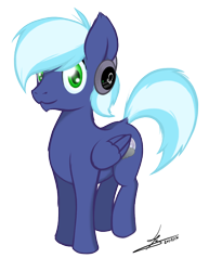 Size: 1000x1296 | Tagged: safe, artist:hardlugia, oc, oc only, oc:moonlight drop, species:pegasus, species:pony, 2018 community collab, derpibooru community collaboration, all fours, blue coat, blue mane, cutie mark, green eyes, headphones, looking at you, male, simple background, smiling, solo, stallion, standing, transparent background