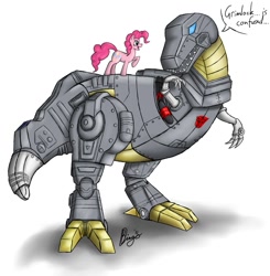 Size: 783x800 | Tagged: safe, artist:bingodingo, character:pinkie pie, species:earth pony, species:pony, confused, crossover, duo, female, grimlock, mare, raised hoof, transformers