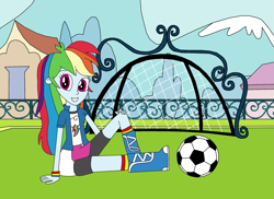 Size: 2337x1700 | Tagged: safe, artist:equestriaguy637, character:rainbow dash, my little pony:equestria girls, ball, boots, building, canterlot high, clothing, cutie mark on clothes, female, fence, football, goal post, grass, house, looking at you, mountain, shoes, sitting, smiling, soccer field, solo, sports, tree, wristband