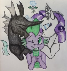 Size: 1459x1559 | Tagged: safe, artist:raritylover152, character:rarity, character:spike, character:thorax, species:changeling, species:dragon, species:pony, species:unicorn, ship:sparity, ship:thoraxspike, bisexual, female, gay, kiss on the cheek, kiss sandwich, kissing, male, polyamory, shipping, straight, traditional art
