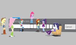 Size: 5120x3072 | Tagged: safe, artist:n3onh100, character:applejack, character:fluttershy, character:pinkie pie, character:rainbow dash, character:rarity, character:sunset shimmer, character:twilight sparkle, character:twilight sparkle (scitwi), species:eqg human, my little pony:equestria girls, 3d, furniture, gmod, humane five, humane seven, humane six, loading