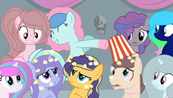 Size: 1023x582 | Tagged: safe, artist:lilygarent, base used, character:princess flurry heart, oc, oc:cheerful, oc:chestnut, oc:love flames, oc:pearl candy, oc:princess aurora, oc:rosemery, oc:sweet frosting, oc:twinkle, parent:party favor, parent:pinkie pie, parents:partypie, species:earth pony, species:pony, species:unicorn, female, food, male, mare, offspring, older, popcorn, stallion