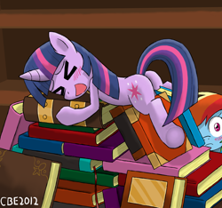 Size: 1210x1134 | Tagged: safe, artist:crimsonbugeye, character:rainbow dash, character:twilight sparkle, species:pegasus, species:pony, species:unicorn, >.<, blushing, book, confused, duo, duo female, eyes closed, female, foreshadowing, mare, pile, plot, that pony sure does love books