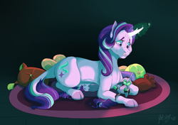Size: 887x626 | Tagged: safe, artist:qatsby, character:starlight glimmer, oc, oc:piper, parent:lord tirek, parent:starlight glimmer, parents:starek, species:classical unicorn, species:minotaur, species:pony, species:unicorn, cloven hooves, crying, cushion, duo, glowing horn, hybrid, interspecies offspring, leonine tail, offspring, prone, rug, sad, story in the source, underhoof, unshorn fetlocks