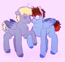 Size: 1200x1128 | Tagged: safe, artist:soft-arthropod, oc, oc only, oc:dreamcatcher, species:pegasus, species:pony, blank flank, blushing, chest fluff, disney xd, eyes closed, gay, male, nonbinary, nuzzling, oc x oc, ponified, rc9gn, shipping, smiling, stallion, tooth gap