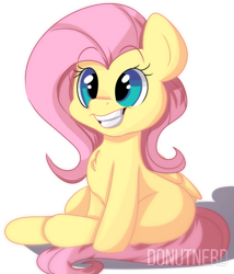 Size: 1923x2247 | Tagged: safe, artist:donutnerd, character:fluttershy, species:pegasus, species:pony, chest fluff, cute, female, happy, raised eyebrows, shyabetes, simple background, sitting, smiling, solo, transparent background, weapons-grade cute, wings